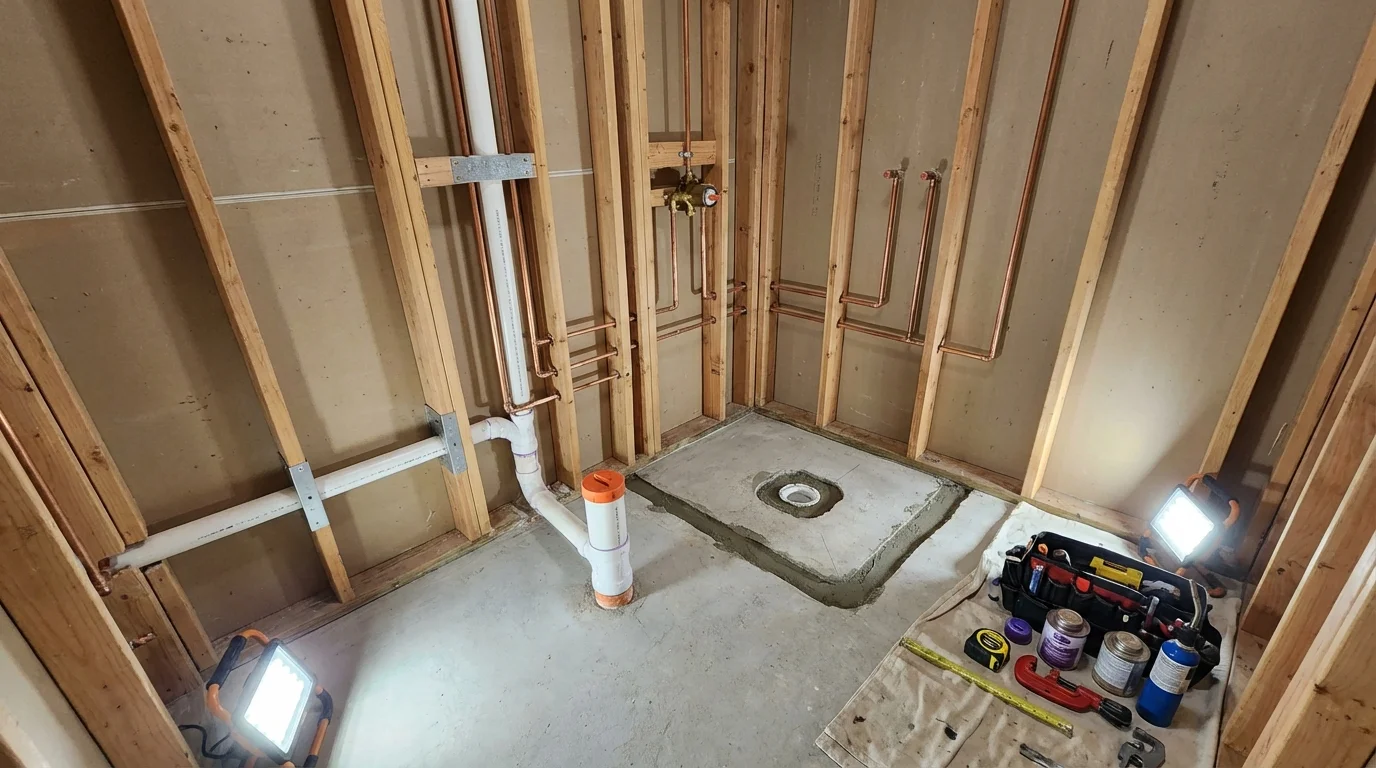Bathroom rough-in plumbing during remodel by Johns Plumbing LLC in Eliot