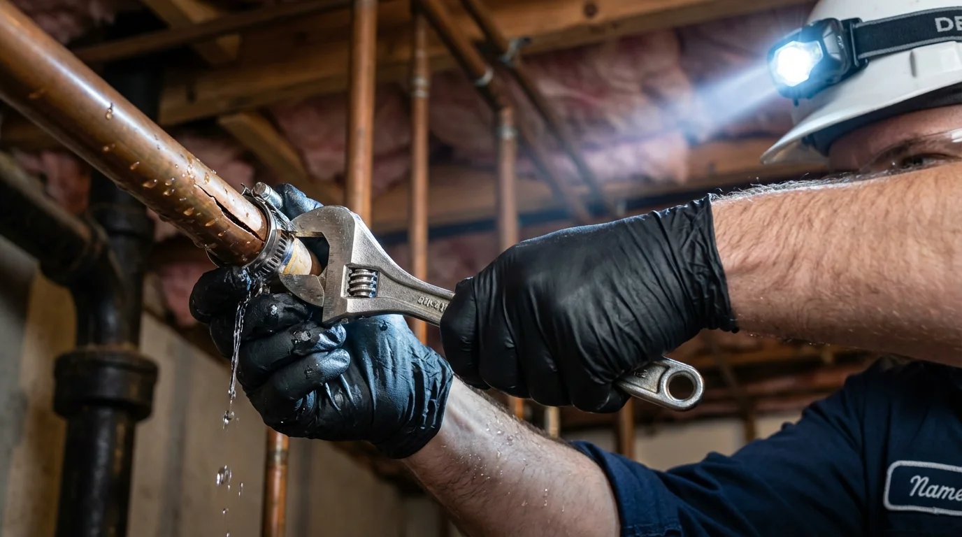 Emergency pipe clamp repair being performed by a Johns Plumbing LLC plumber in Eliot