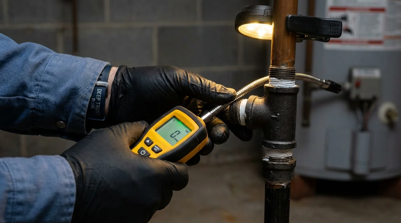 Gas leak detection with electronic sniffer by Johns Plumbing LLC in Eliot