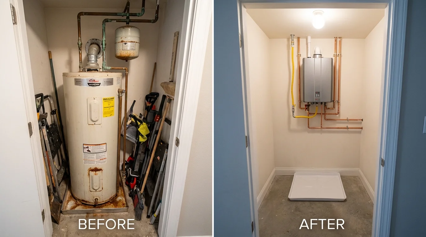 Tank water heater versus wall-mounted tankless unit comparison for Eliot, ME homeowners