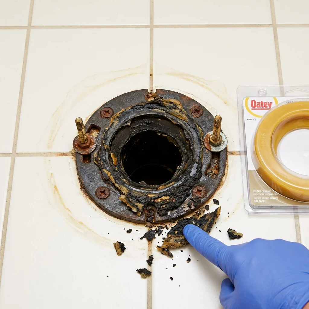 Failed wax ring showing water seepage at the base of a toilet in a Eliot, ME home
