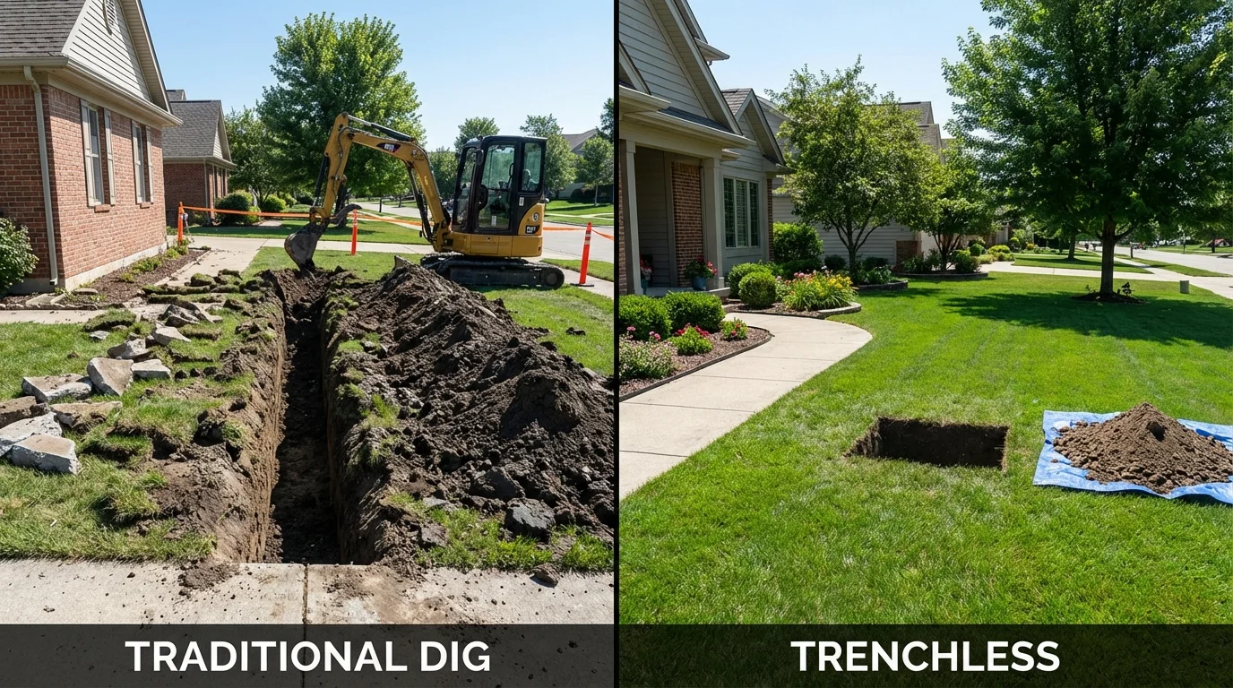 Trenchless sewer repair with minimal yard damage versus traditional excavation in Eliot, ME