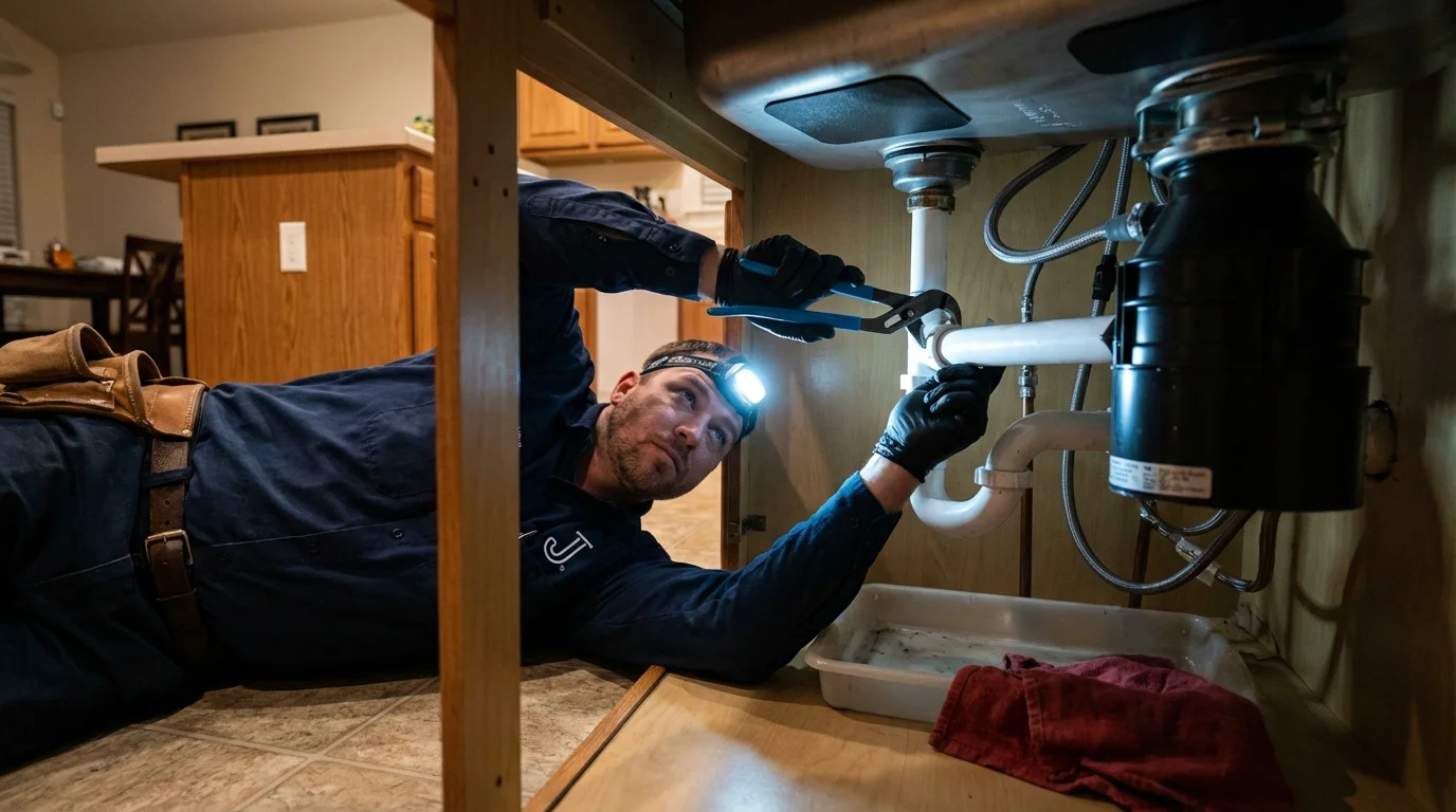 P-trap and supply line connections under a kitchen sink showing a common leak point in Eliot, ME